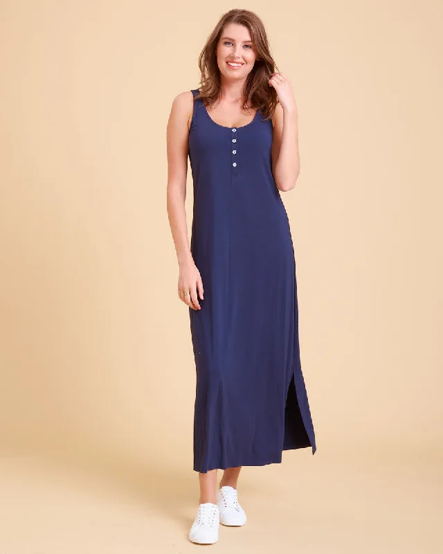 Eva Nursing Tank Dress - Navy Ruffled Tank Dress