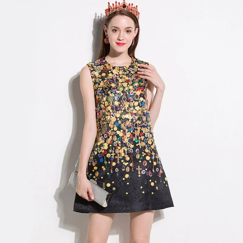 High quality 2022 Novelty Print Diamonds Straight dress new summer women gold coin Appliques Sleeveless Tank dres Tank Dress Shine