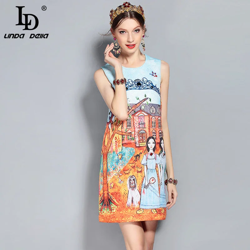 New Fashion Designer Runway Summer Dress Women's Sleeveless Tank Pattern Print Beading Vintage Short Dress Stylish Tank Gown