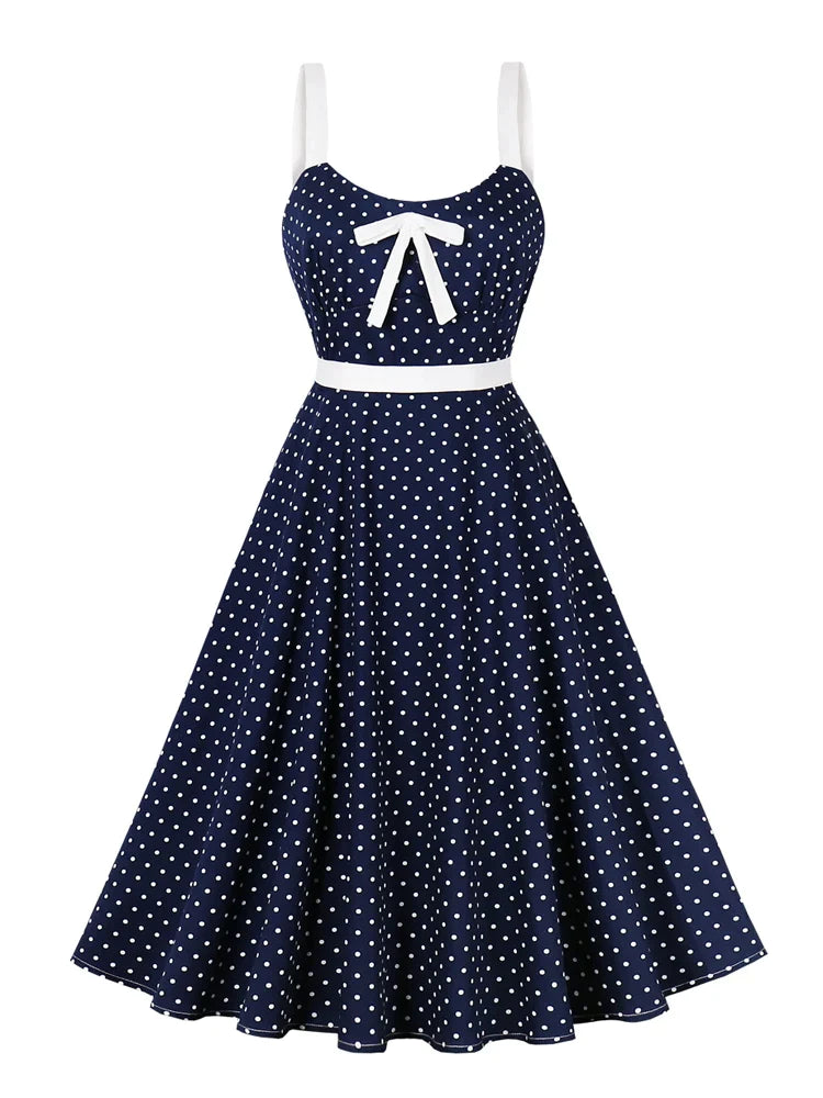 O-Neck Bow Front High Waist Polka Dot Long Dresses in Navy Blue Backless Elegant Women Summer Vintage Tank Dress Summer Tank Dress Vibe