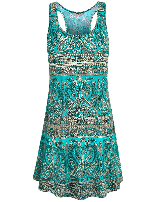 Scoop Neck Sleeveless Printed Tank Dress with Pockets Tank Dress Glam