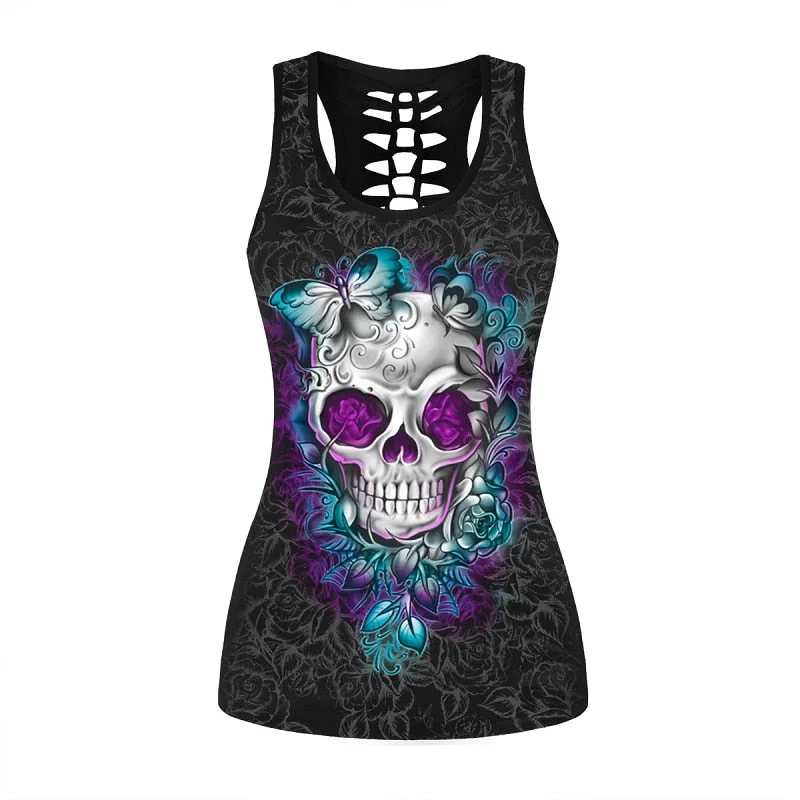 Summer New Skull Sexy Tank Top Digital Printing Hollow Tank Top Black Breathable Wild Loose Tops Casual fashion slim Women vest Casual Chic Tank Dress