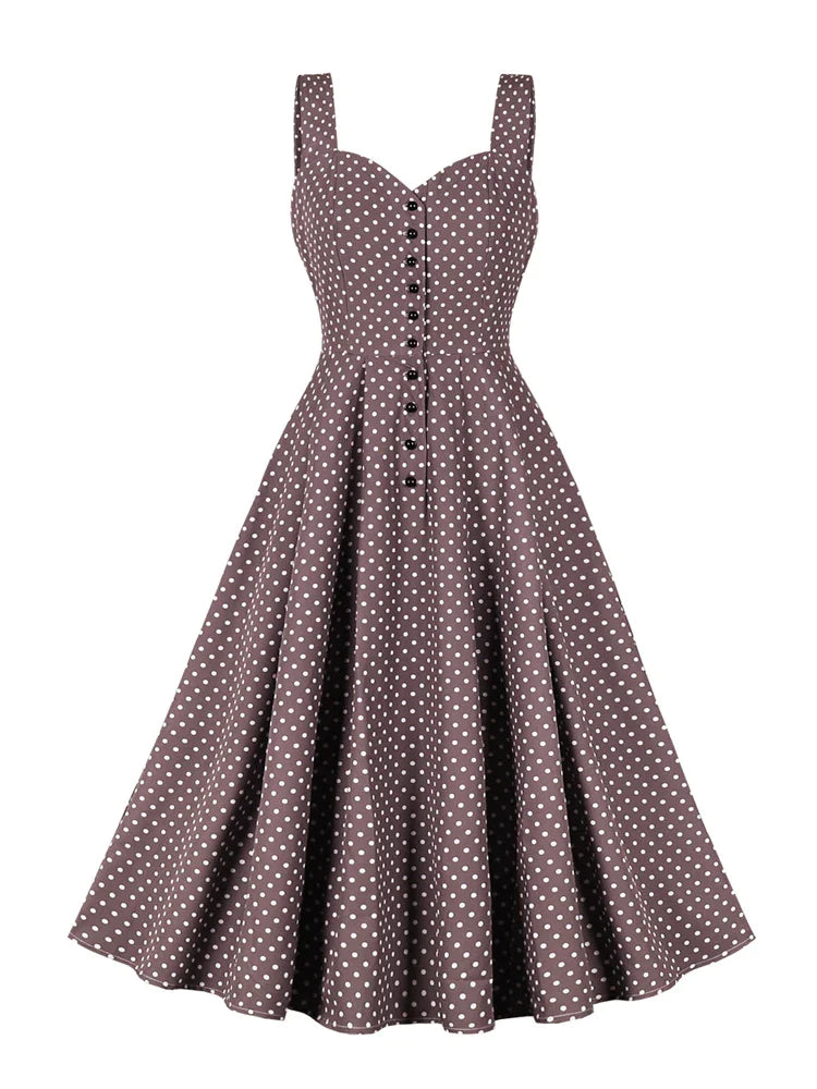 Sweetheart Neck Purple Elegant Long Dresses for Women Summer Single Breasted Pockets Polka Dot Vintage Tank Dress Bold Tank Dress