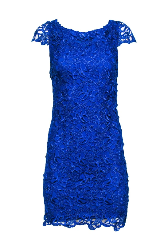 Alice & Olivia - Royal Blue Lace Key Hole Back Cap Sleeve Dress Sz 4 Pink Lace Dress