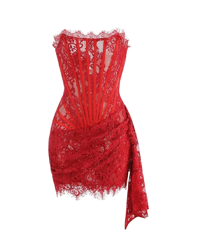 "Jackie" Corset Lace Draped Dress - Red Lace Dress Glamour