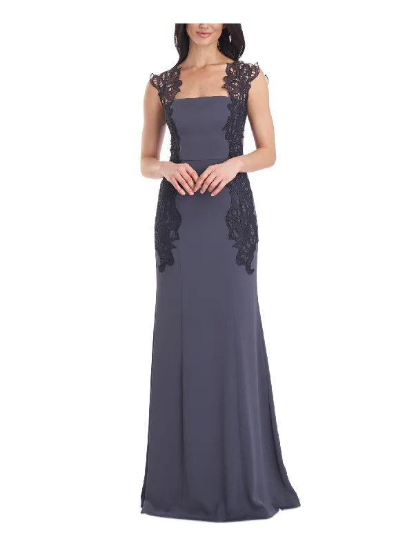 JS COLLECTIONS Womens Blue Zippered Lace Lined Satin Sleeveless Square Neck Full-Length Evening Mermaid Dress Lace Dress for Weddings