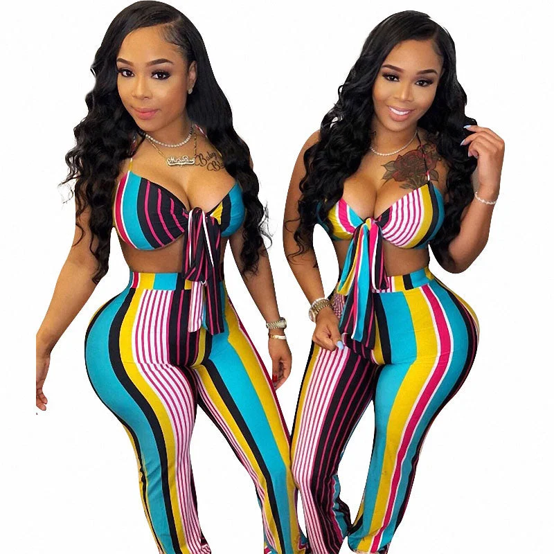 Printed Striped Halter Bra And Pants #Halter #Two Piece #Printed #Striped