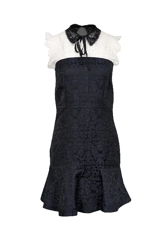 Sandro - Navy & Black Brocade Dress w/ White Lace Sz 4 Lace Mini Dress