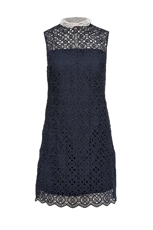 Sandro - Navy Lace Fitted Dress w/ Ruffled Neckline Sz 4 Bohemian Lace Dress