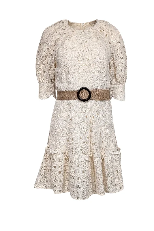 Ted Baker - Cream Crochet Lace Belted Dress Sz 6 Lace Dress Sleek