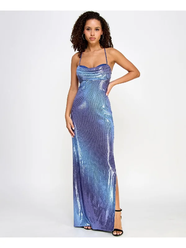 VIOLET WEEKEND Womens Blue Sequined Slitted Lined Zippered Lace Up Back Ombre Spaghetti Strap Cowl Neck Full-Length Formal Gown Dress Soft Lace Dress