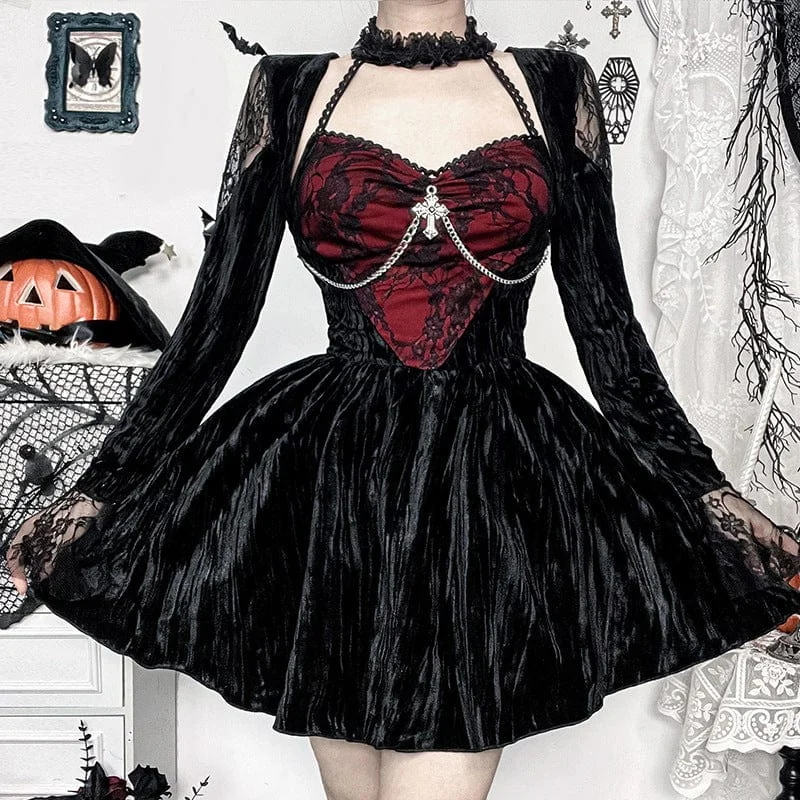 Women's Gothic Cross Lace Short Dress Black Red Modern Lace Dress