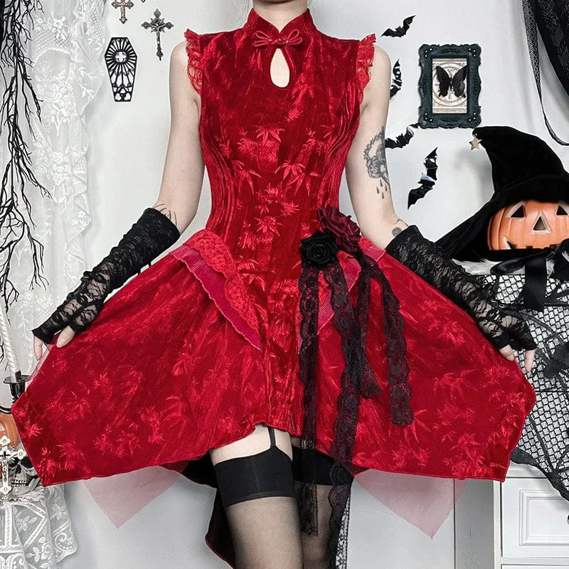 Women's Gothic Ripped Lace Short Dress Red Lace Dress Flare