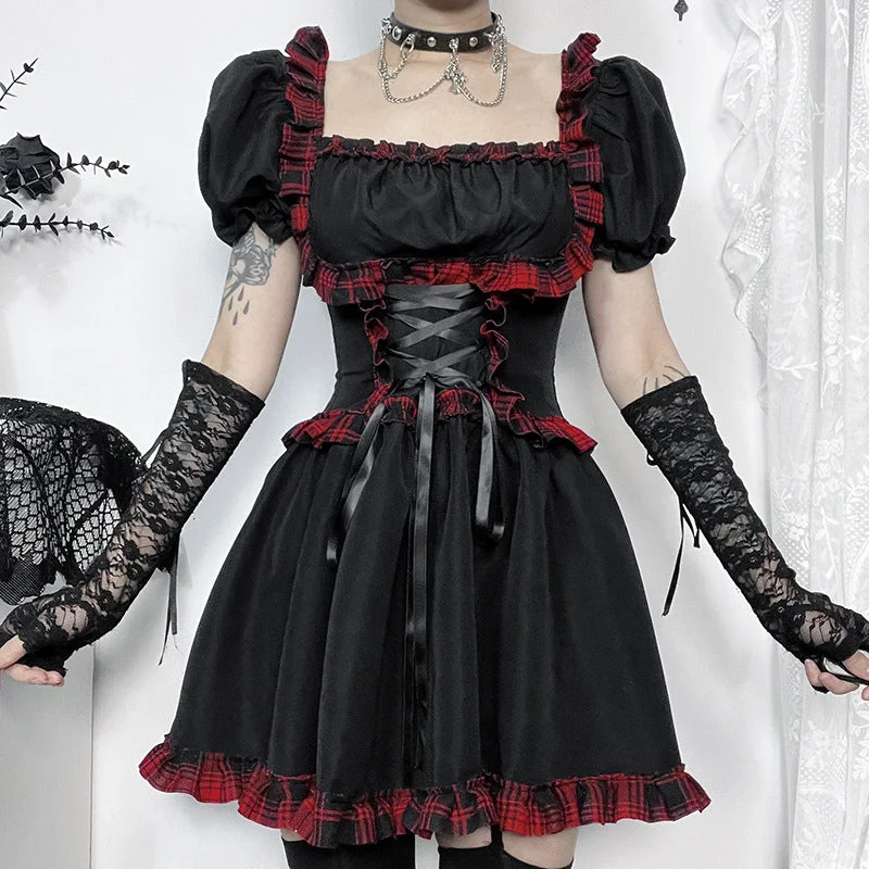 Women's Grunge Lace-up Plaid Dress Black Red Lace Shift Dress