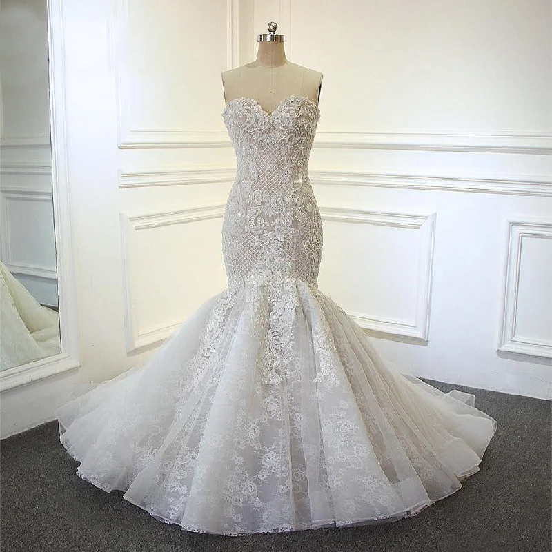 Women's Sweetheart Neck Beading Lace Mermaid Wedding Dress Ruffled Lace Gown