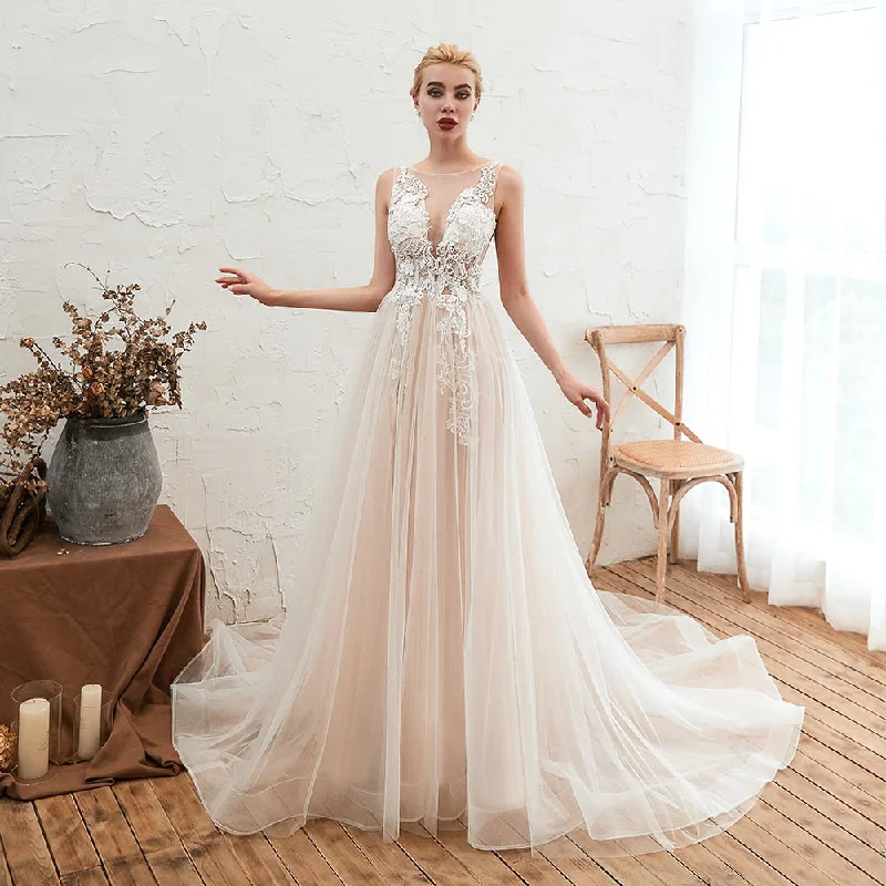 Women's V-Neck Sleeveless Lace Up A-Line Bridal Wedding Dresses Simple Lace Gown