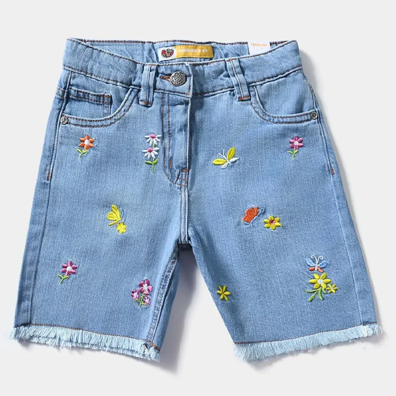 Girls Denim rigid Short Flower & Butterfly-LT.Blue Wrap Mini Skirt