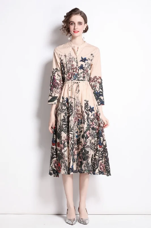 Apricot & Floral print Day A-line V-neck Bishop Long Sleeve Maxi Dress Comfortable Long Skirt