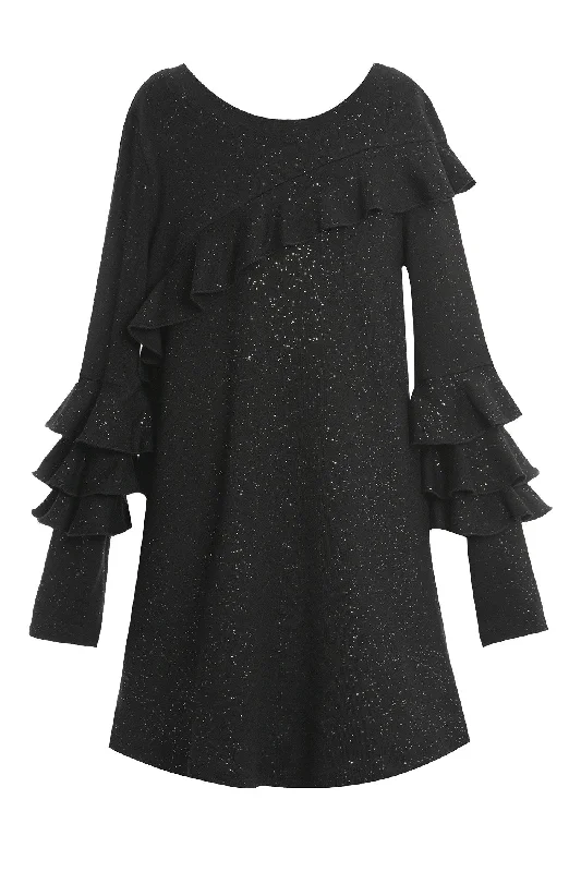 Big Girls Long Sleeve Ruffle Glittery Shift Dress Sleek Maxi Skirt