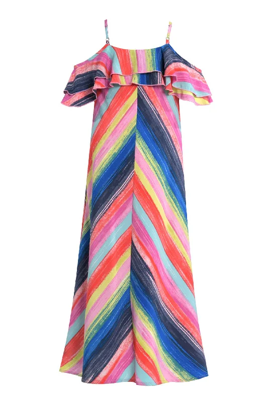 Big Girls | Tween Girls Rainbow Stripe Ruffle Maxi Slip Dress Full Maxi Skirt