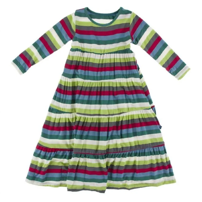 Girls' Bamboo Print Long Sleeve Tiered Dress In Multi Stripe Printed Maxi Skirt