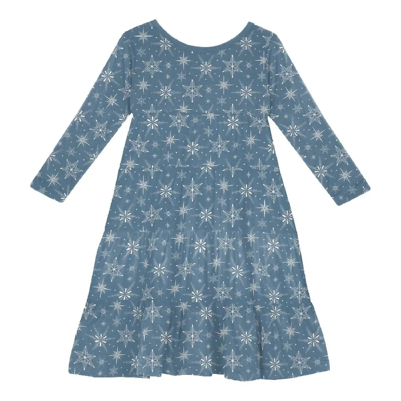 Girls' Bamboo Print Long Sleeve Tiered Dress In Parisian Blue Snowflakes Lace Maxi Skirt