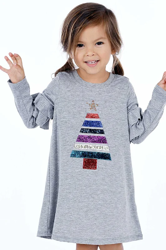 Little Girls Christmas Tree Long Sleeve Dress Printed Long Skirt