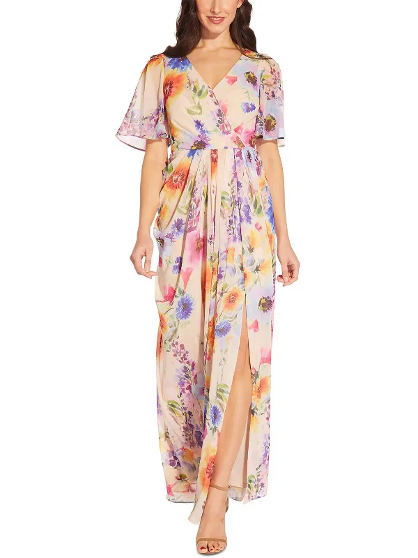 Womens Floral Flutter Sleeve Maxi Dress Boho Chic Maxi