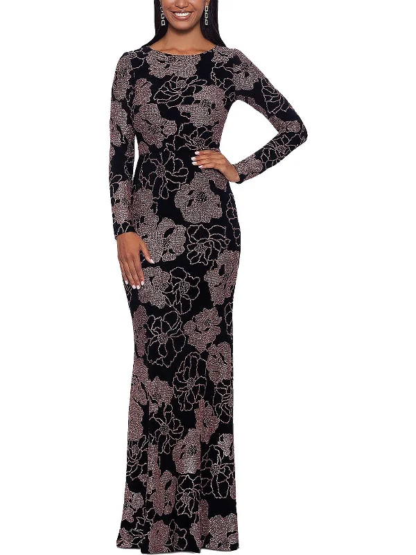 Womens Floral Print Maxi Evening Dress Soft Pleated Maxi