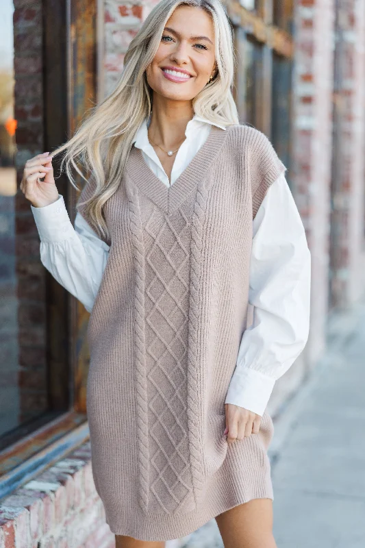 Here For You Latte Cable Knit Sweater Dress Cozy Dress Sweater