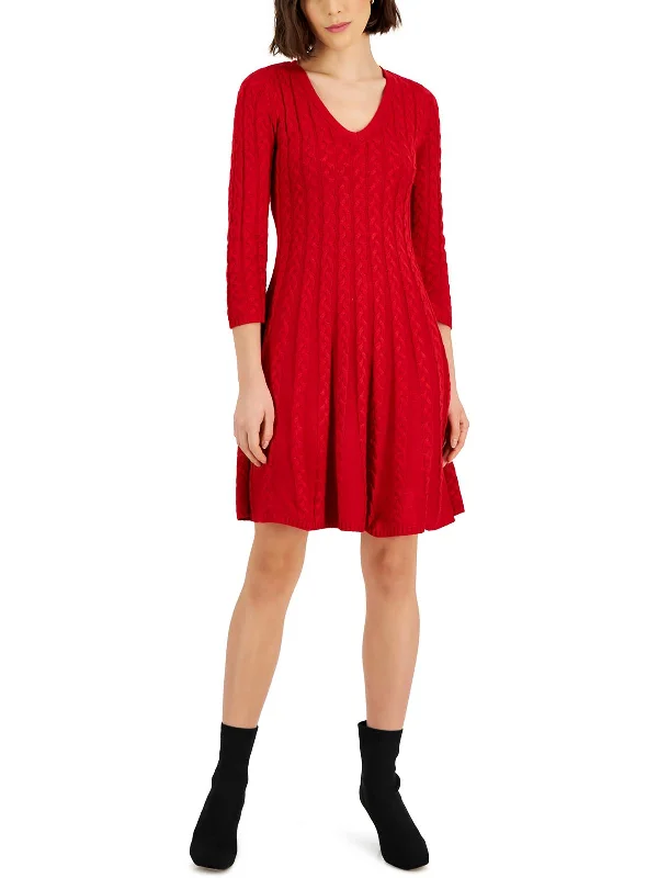 Womens Cable Knit V-Neck Sweaterdress Oversized Knit Dress