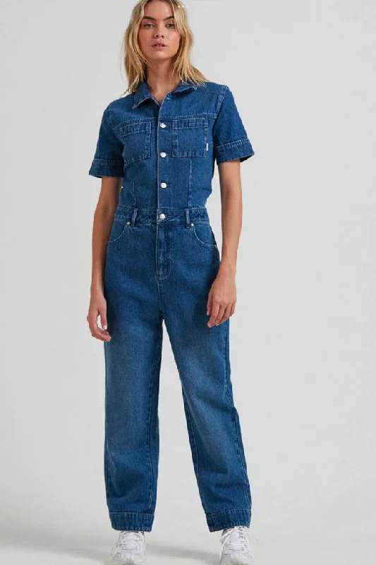 Afends Zuri Hemp Denim Jumpsuit Classic Blue Denim Skirt Dress