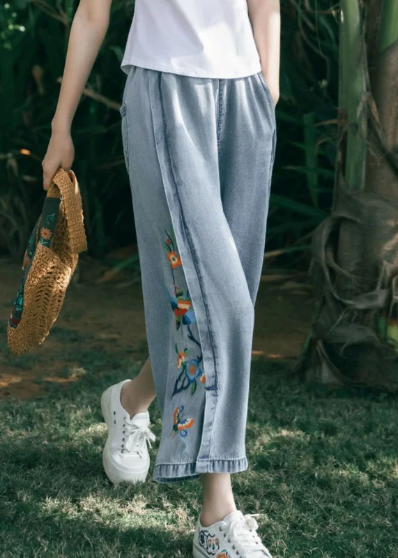 Art Blue Embroideried Pockets Patchwork Denim Wide Leg Pants Summer TQ1062 Denim Skirt Flare