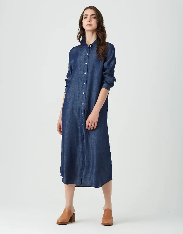 Denim Button Down Dress with Tabbed Sleeves Dark Blue Denim Skirt Set