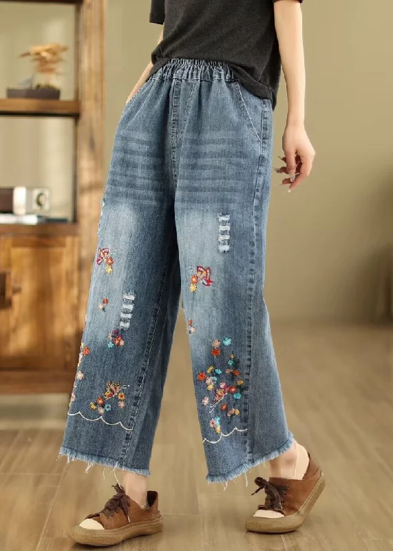 French Blue Embroidered Elastic Waist Denim Crop Pants Summer QA1095 Full Denim Skirt