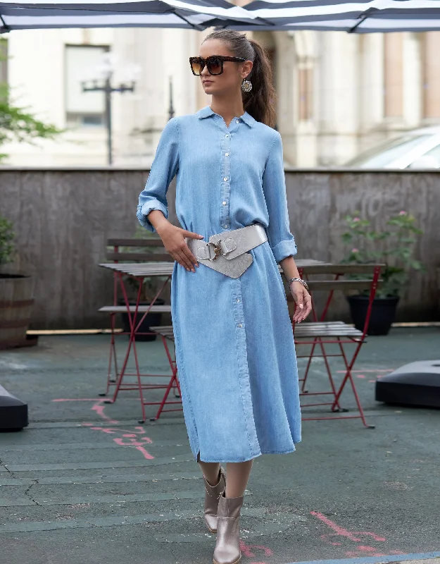 Linen Button Down Dress with Tabbed Sleeves Denim Wash Slim Denim Skirt