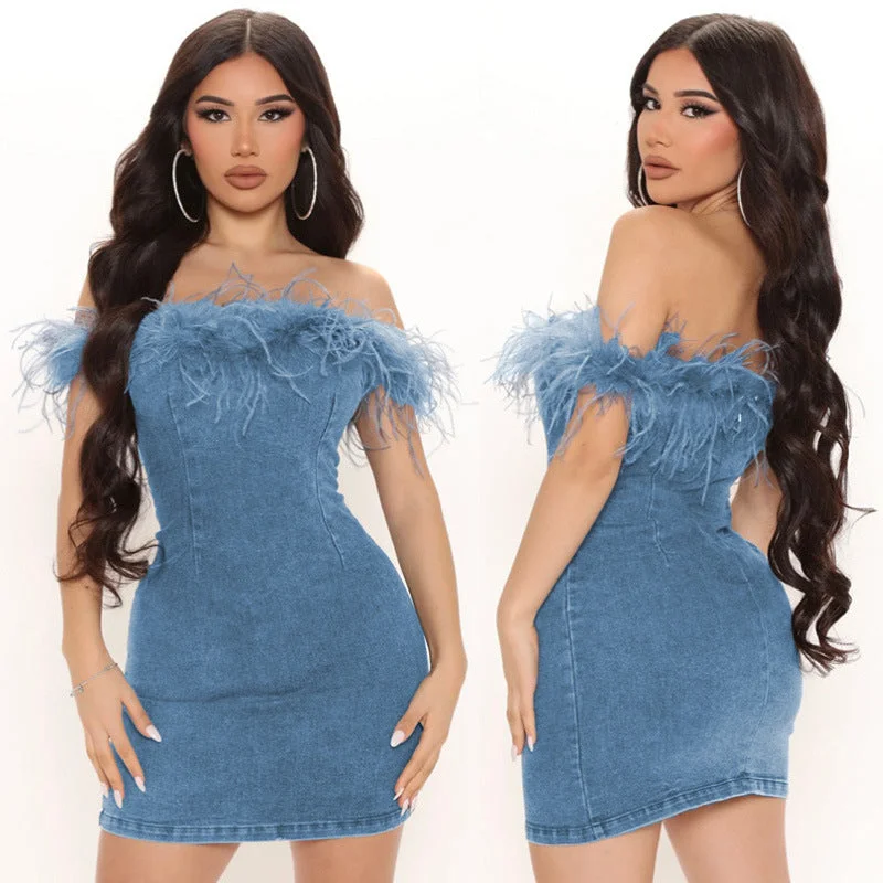 One-Shoulder Fringed Hem Denim Dress Pleated Denim Skirt