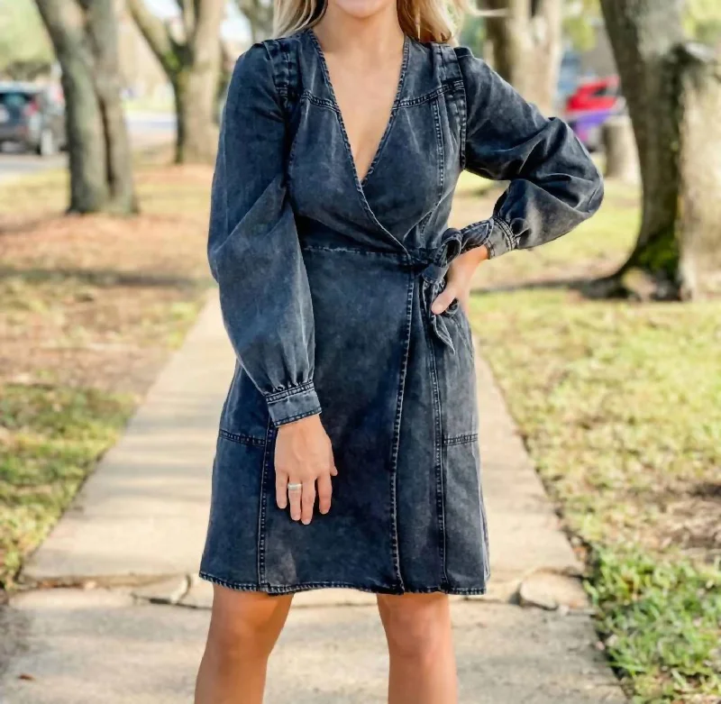 Orianne Faux Wrap Dress in Dark Grey Denim Ripped Denim Skirt