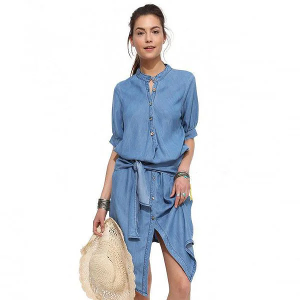 Half Sleeved Belted Denim Dress Boho Denim Skirt