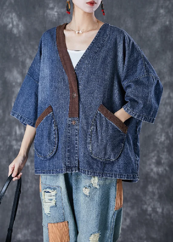 Women Blue V Neck Patchwork Pockets Denim Coats Summer TD1045 Stretchy Denim Skirt