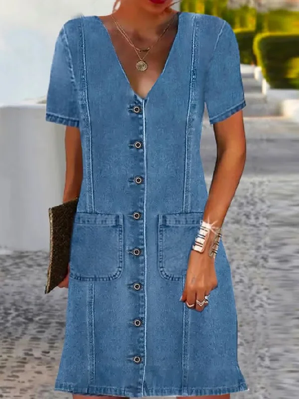 Buttoned Denim Blue V Neck Casual Loose Plain Dress  QM81 Wide Leg Denim Skirt