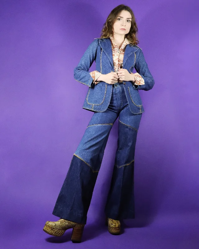 Vintage 1970s Rare French Dressing Patchwork Denim Trim Suit Cute Denim Skirt