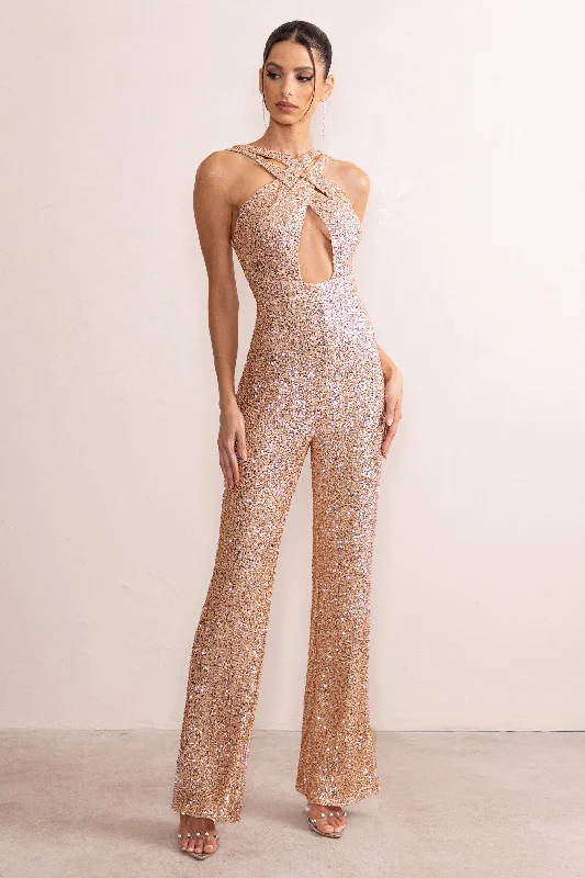 Audrey | Champagne Sequin Cross Front Flared Leg Jumpsuit With Keyhole Detail Classy Sequin Dress