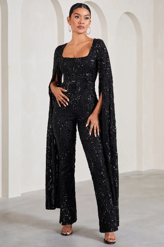 Cher | Black Sequin Lace Square-Neck Jumpsuit With Cape Sleeves Shimmer Sequin Dress