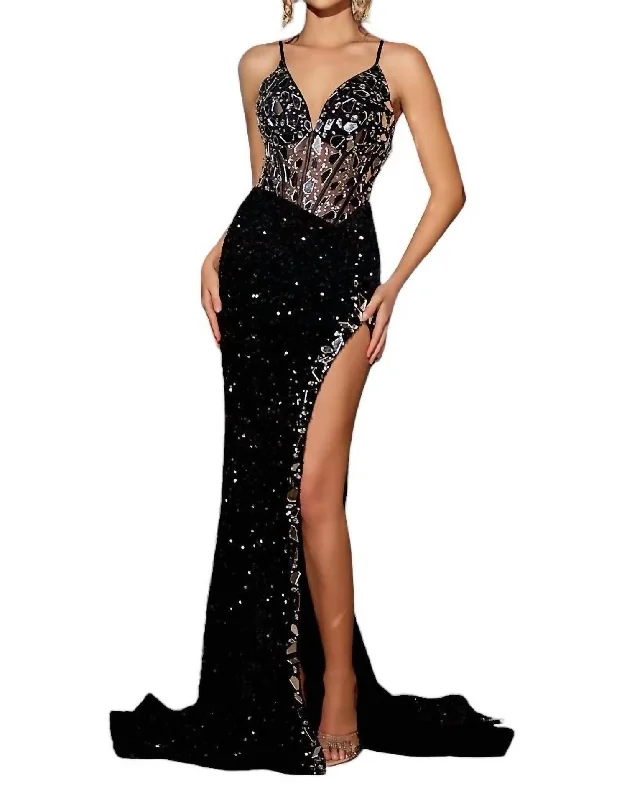 Cut Glass Sequin Prom Dress In Black Hot Pink Sequin