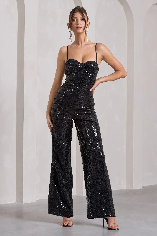 Dandelion | Black Strappy Corset Sequin Jumpsuit Flirty Sequin Dress