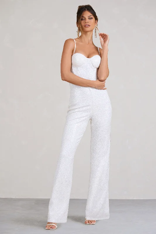 Dandelion | White Strappy Corset Sequin Jumpsuit Glam Sequin Dress