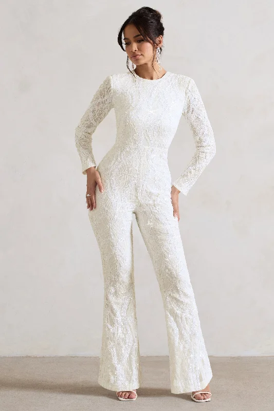 Vesper | White Sequin Wide-Leg Jumpsuit Sparkling Sequin Dress