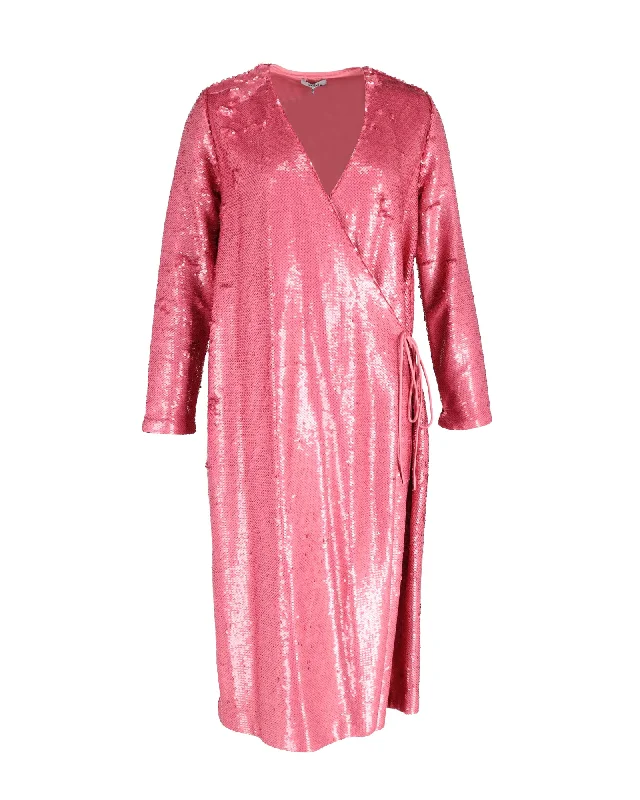 Ganni Sonora Sequin Wrap Dress in Pink Polyester Sleek Sequin Dress