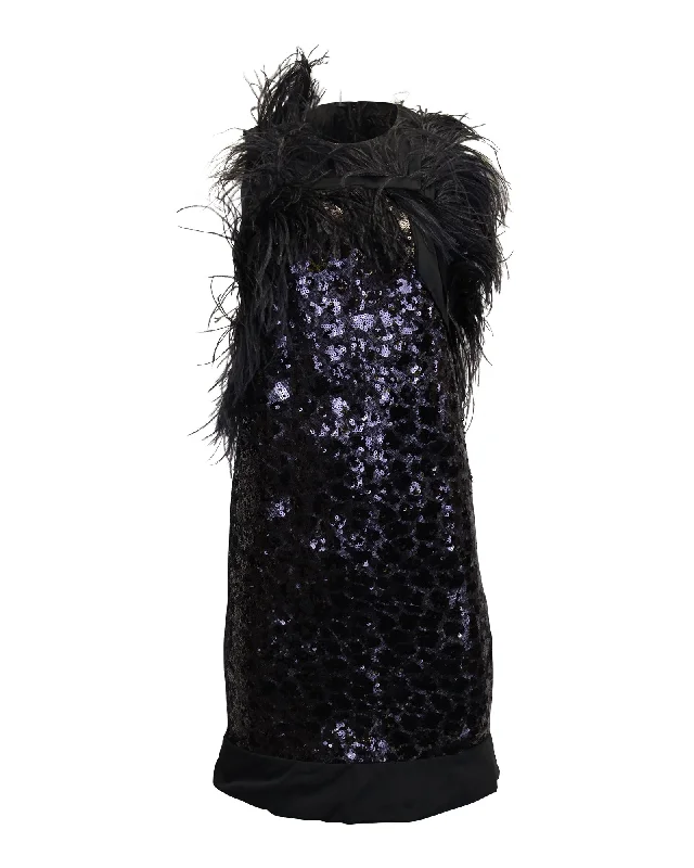 Hugo Boss Dhaya Feather-Trimmed Sequined Dress in Black Polyester Off-shoulder Sequin